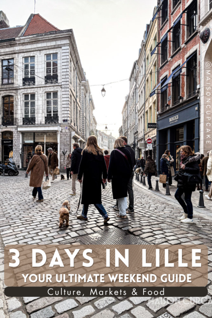 3 Day Lille itinerary: A cobblestone street and shoppers in northern France.