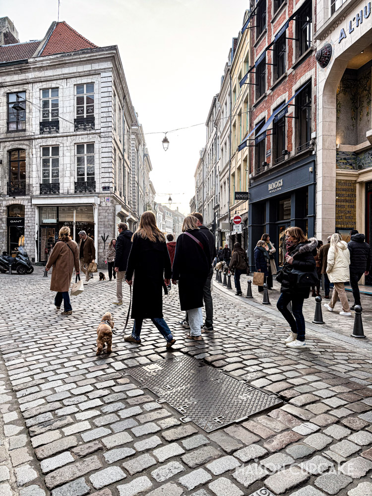 Shoppers walking in Vieux Lille cobbled street