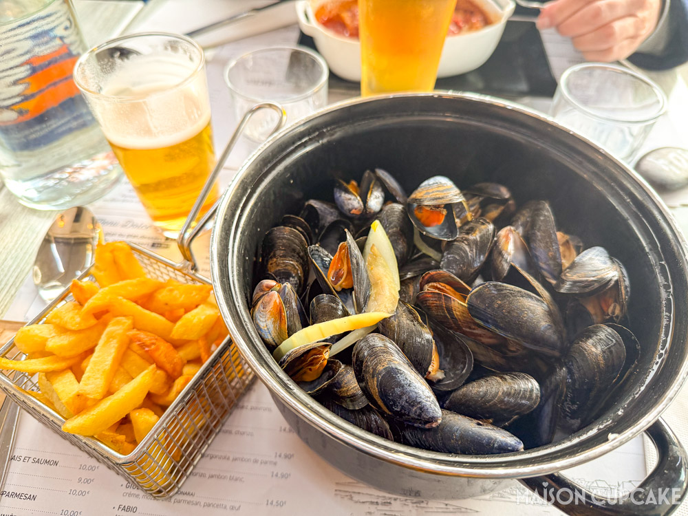 Moules Frites and beer, served in Le Crotoy, northern France